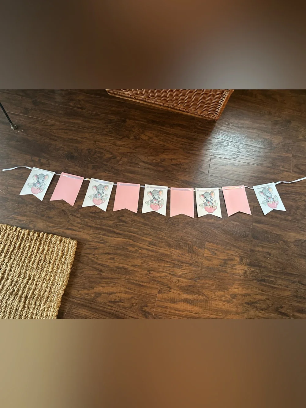 Floral Elephant Baby Girl Photography backdrop w 2 banners- Pink and Gray